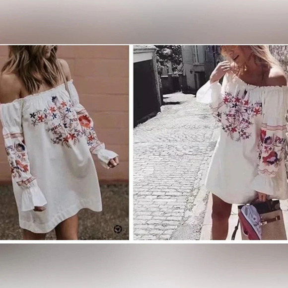 R.Vivimos crinkle embroidered,balloon sleeve dress, off shoulders,coastal,boho - Picture 3 of 13